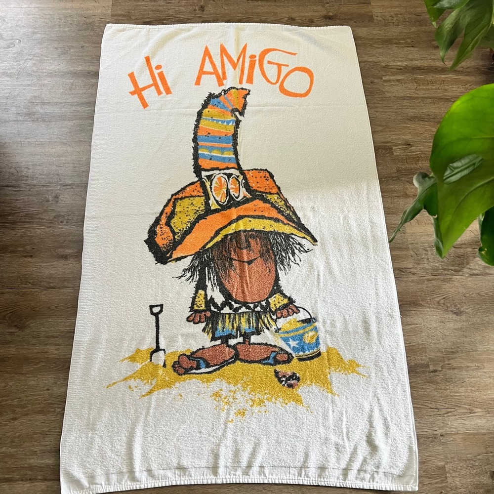 Vintage Hi Amigo Beach Towel Sombrero Character White Cotton 34x59 Thin Retro